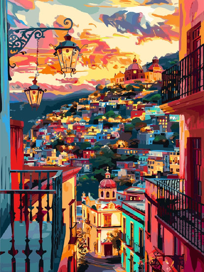 A vibrant painting of a city skyline illuminated by a colorful sunset, showcasing hues of orange, pink, and purple.