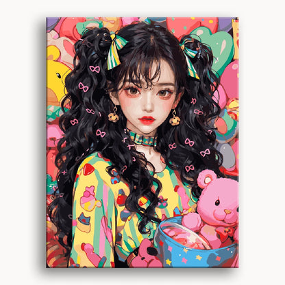 Anime girl with large eyes holding a teddy bear in one hand and a colorful bow in the other, smiling cheerfully.