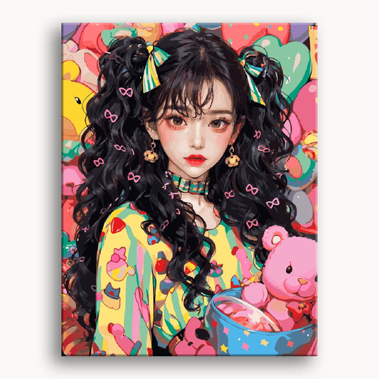 Anime girl with large eyes holding a teddy bear in one hand and a colorful bow in the other, smiling cheerfully.
