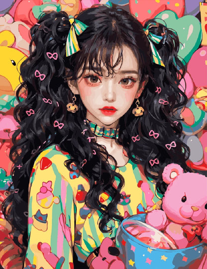 Anime girl with large eyes holding a teddy bear in one hand and a colorful bow in the other, smiling cheerfully.