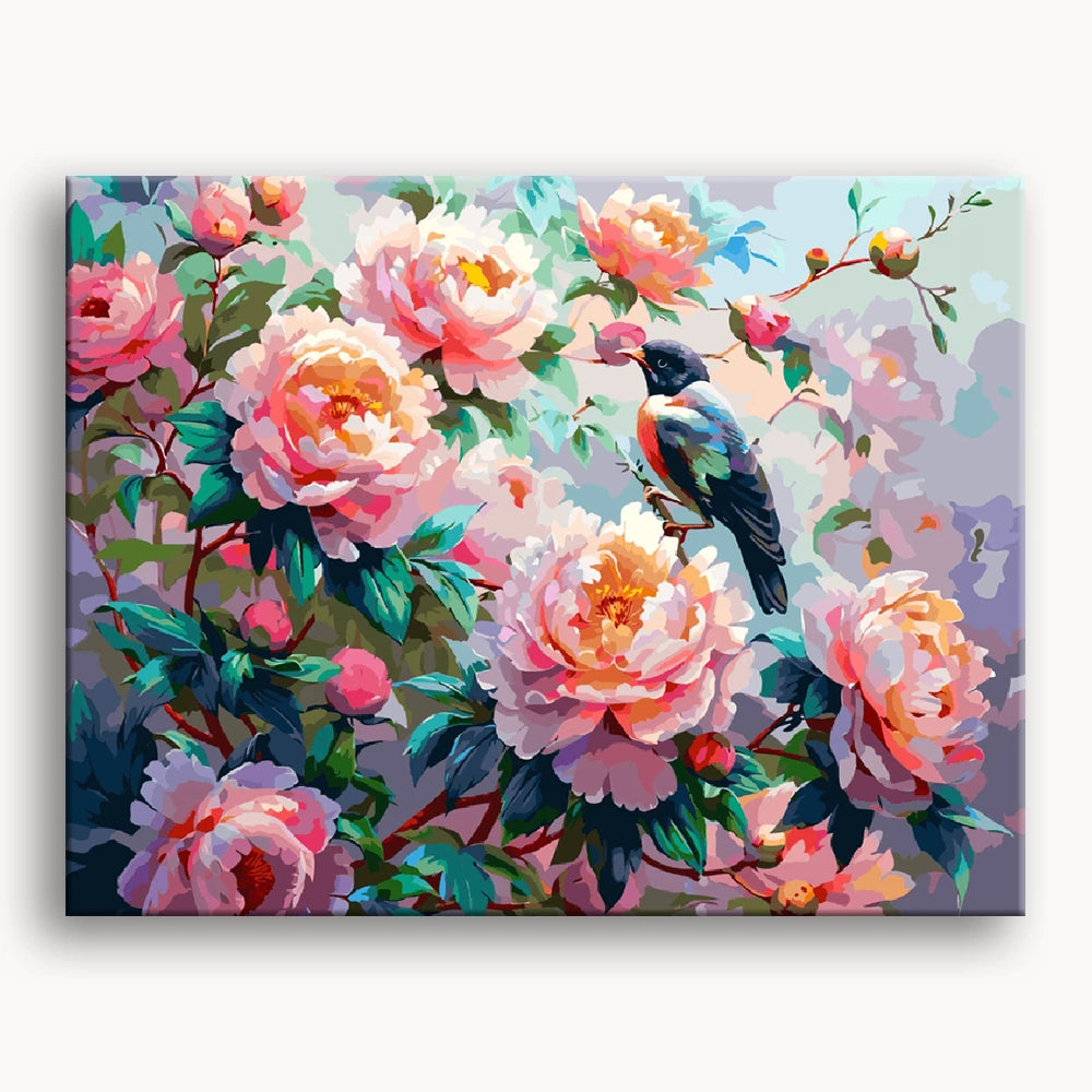 A painting depicting a bird perched on a branch adorned with delicate pink flowers.