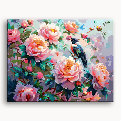 A painting depicting a bird perched on a branch adorned with delicate pink flowers.