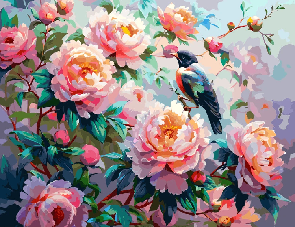 A painting depicting a bird perched on a branch adorned with delicate pink flowers.
