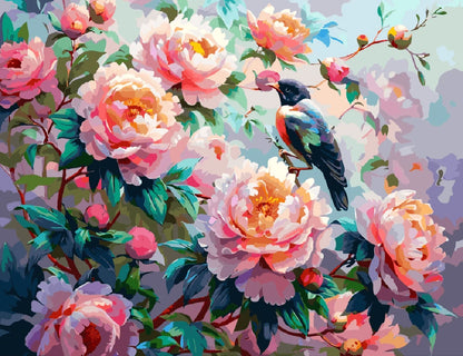 A painting depicting a bird perched on a branch adorned with delicate pink flowers.