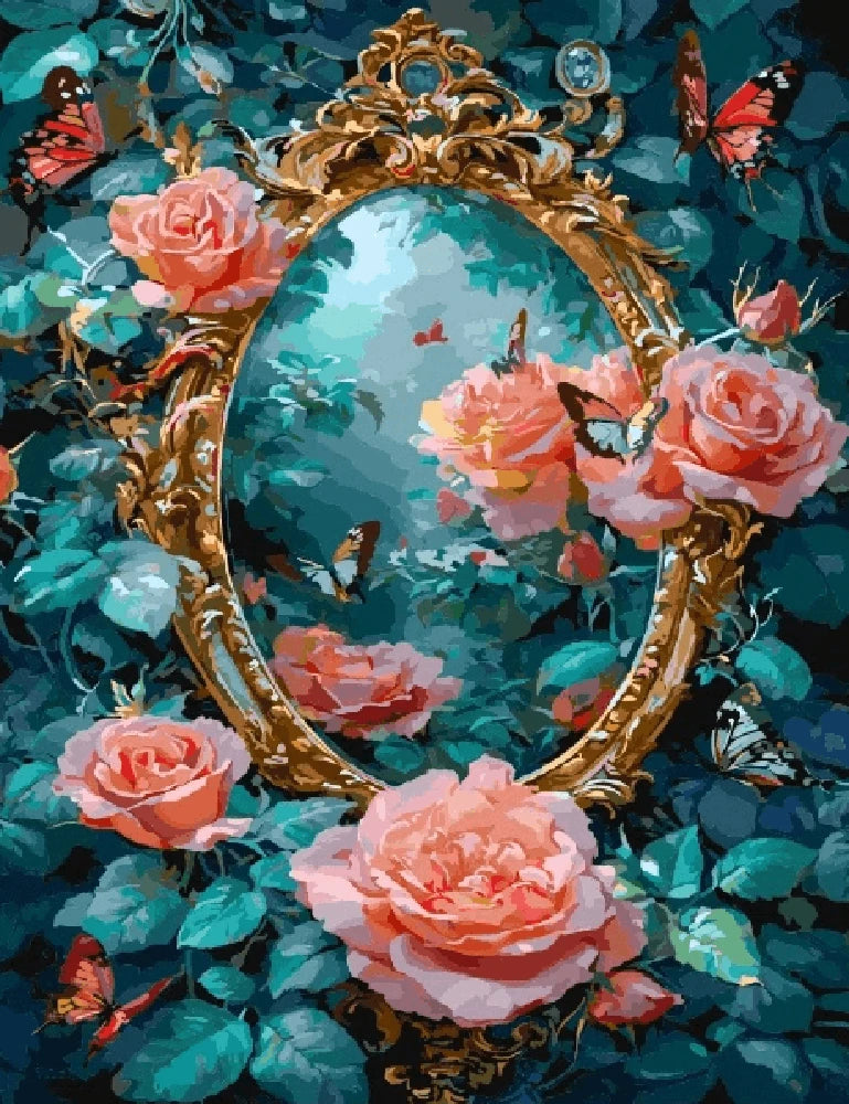A vibrant painting featuring roses and butterflies reflected in a decorative mirror.