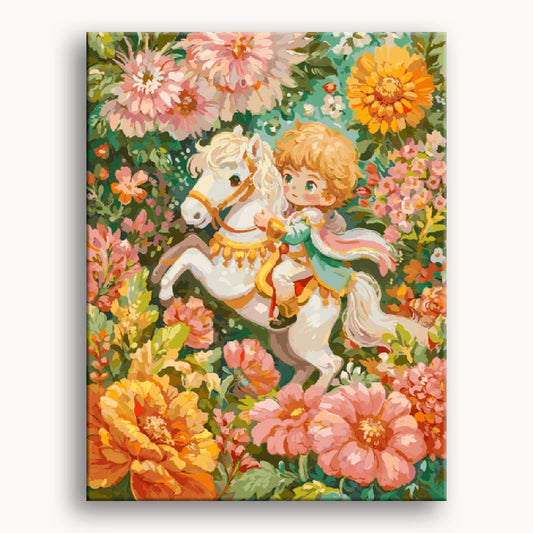 A painting of a young girl joyfully riding a horse through a vibrant field filled with colorful flowers.
