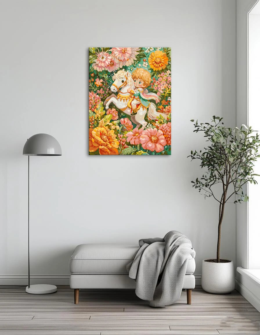 A painting of a young girl joyfully riding a horse through a vibrant field filled with colorful flowers.
