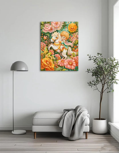 A painting of a young girl joyfully riding a horse through a vibrant field filled with colorful flowers.
