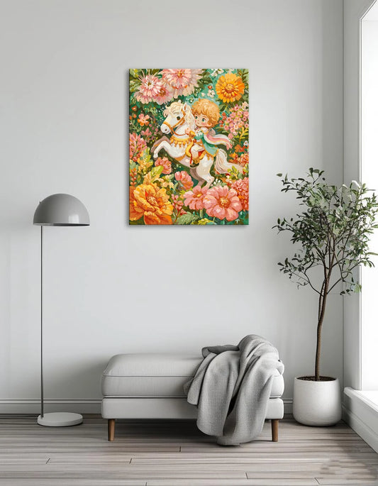 A painting of a young girl joyfully riding a horse through a vibrant field filled with colorful flowers.

