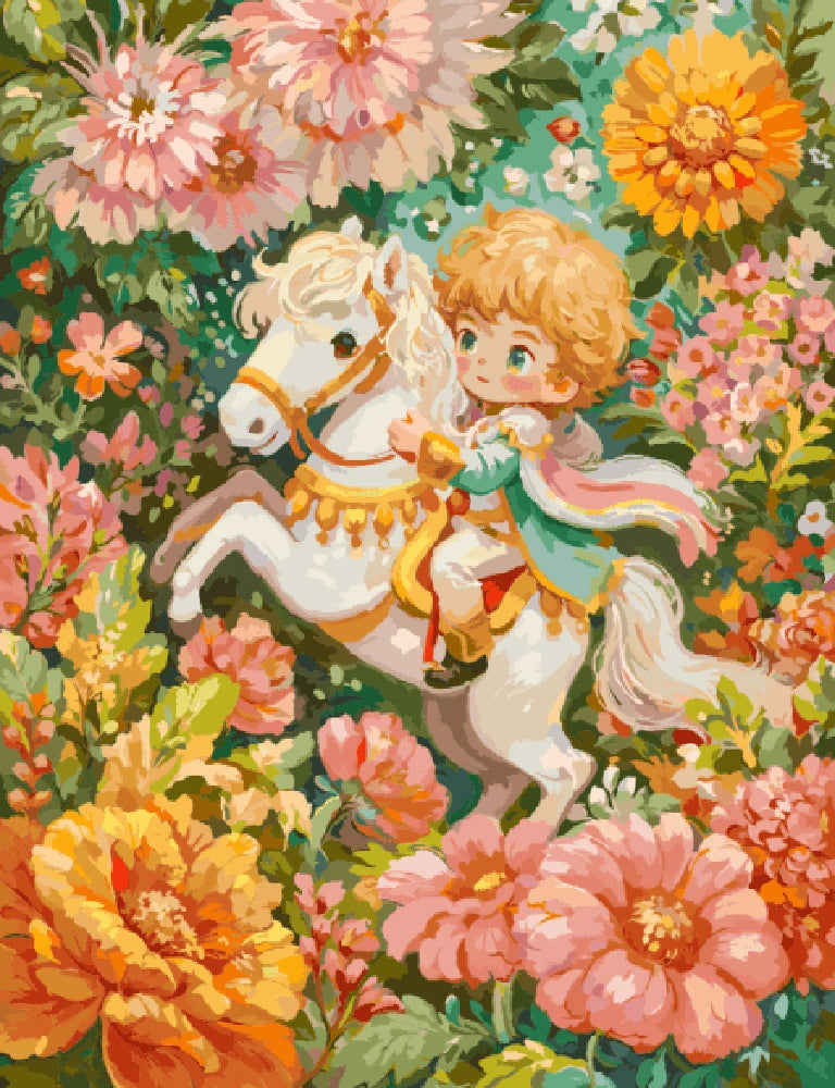 A painting of a young girl joyfully riding a horse through a vibrant field filled with colorful flowers.
