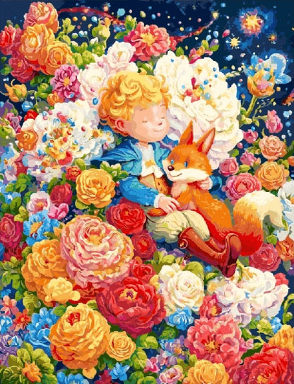 A painting of a boy sitting with a fox in a vibrant field filled with colorful flowers.