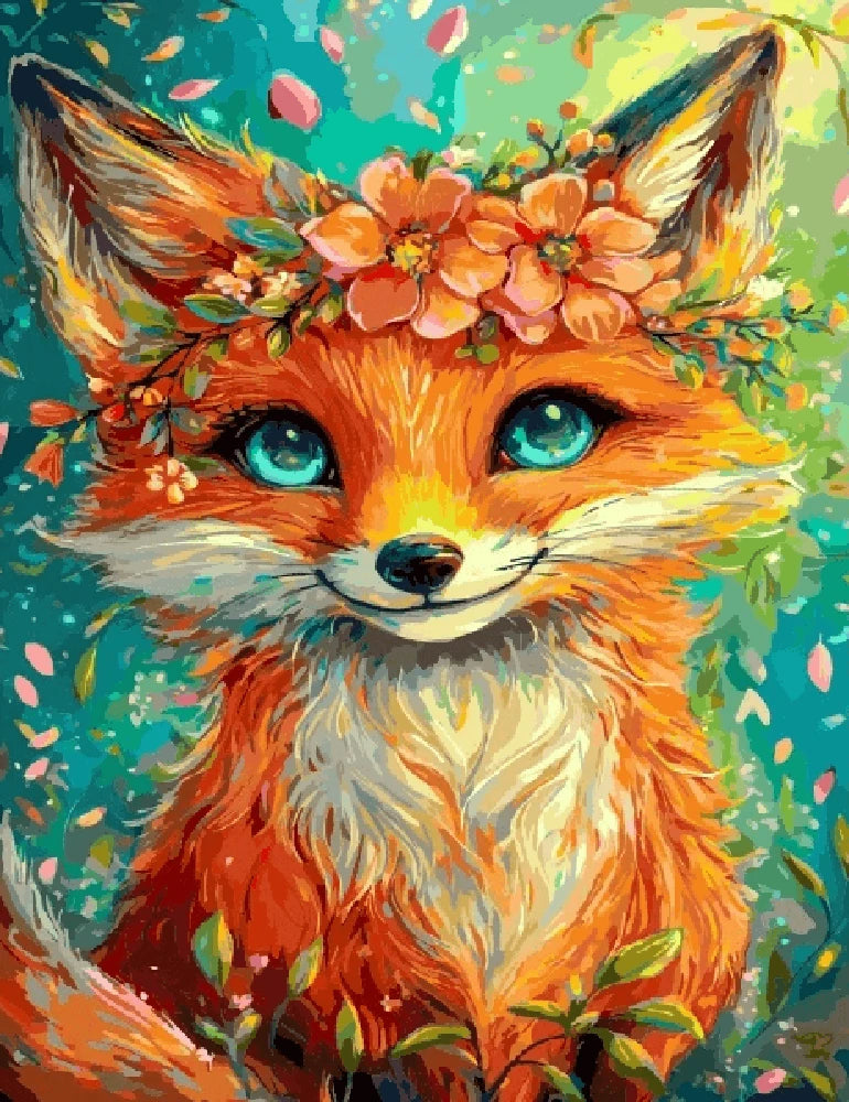 A fox adorned with colorful flowers in her hair, blending nature and whimsy in a vibrant display.