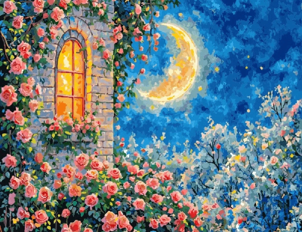 A painting featuring vibrant roses beside a window, with a glowing moon visible outside.