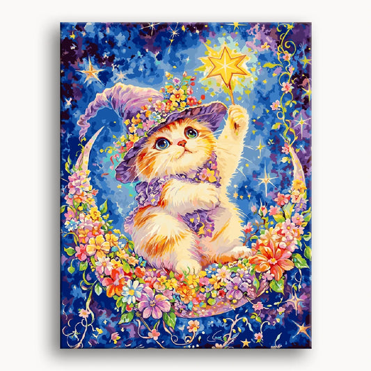 A colorful painting of a cat adorned with a prominent star on its body, showcasing a whimsical artistic style.