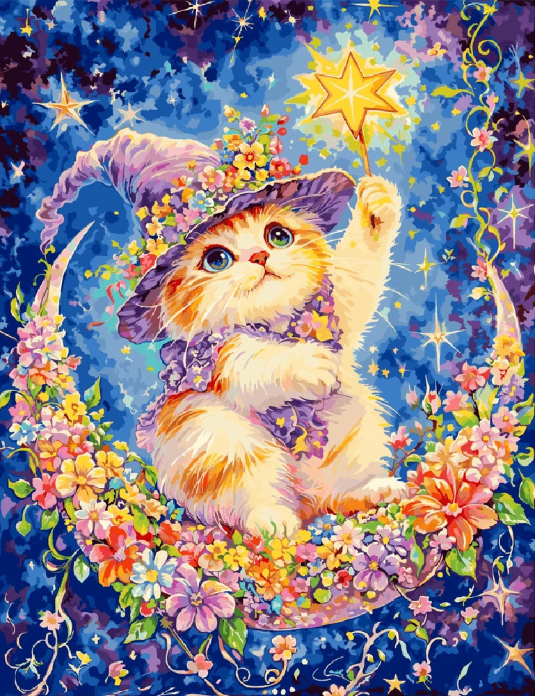 A colorful painting of a cat adorned with a prominent star on its body, showcasing a whimsical artistic style.