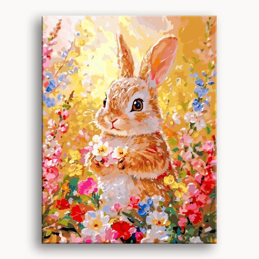 A colorful painting of a rabbit nestled among vibrant flowers in a sunny garden setting.