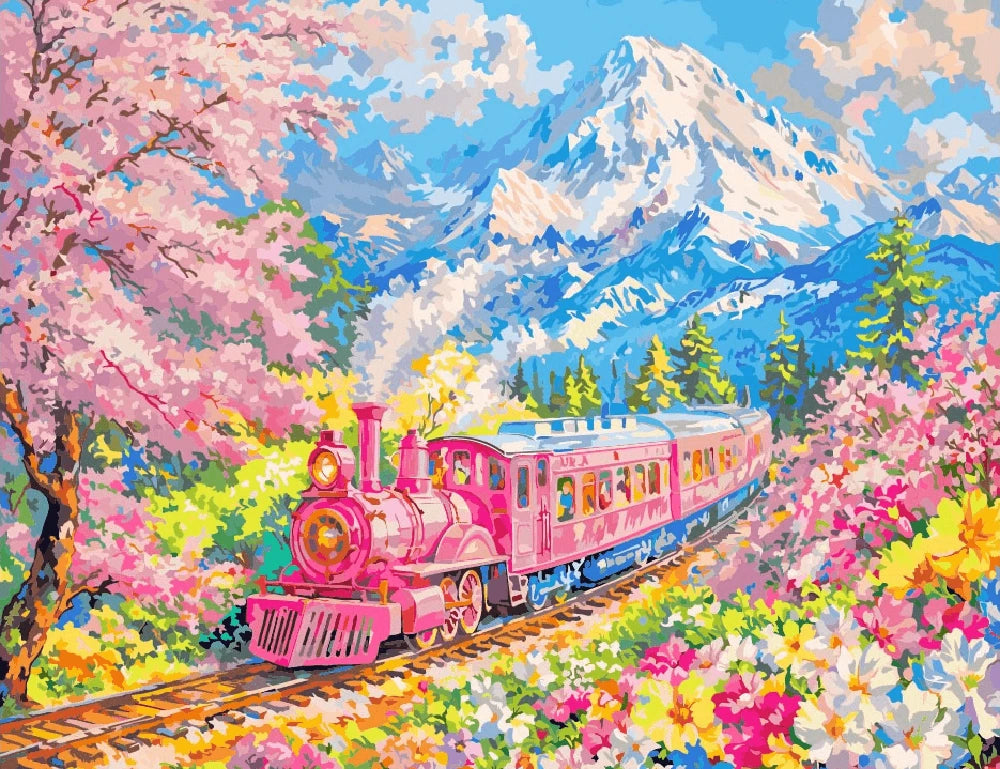 A pink train travels through a vibrant field of colorful flowers under a clear blue sky.