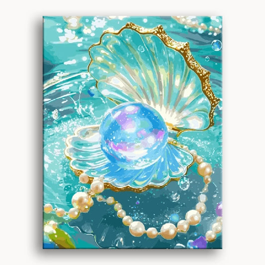 A painting depicting a pearl nestled in a shell, surrounded by additional pearls, showcasing their natural beauty.