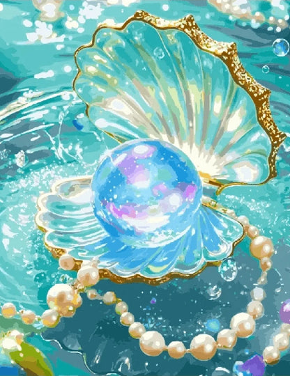 A painting depicting a pearl nestled in a shell, surrounded by additional pearls, showcasing their natural beauty.