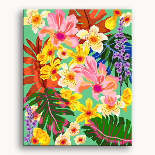 A vibrant pattern featuring tropical flowers and lush green leaves in various colors.