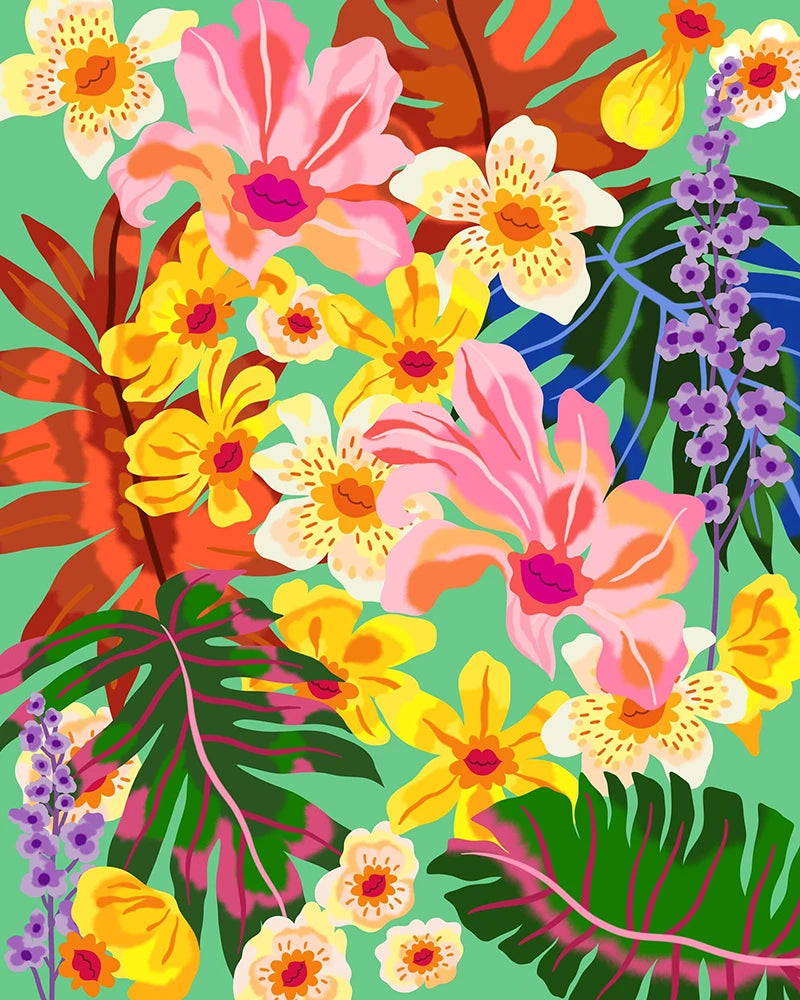 A vibrant pattern featuring tropical flowers and lush green leaves in various colors.