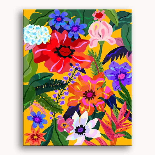 A vibrant floral pattern featuring various colors set against a bright yellow background.