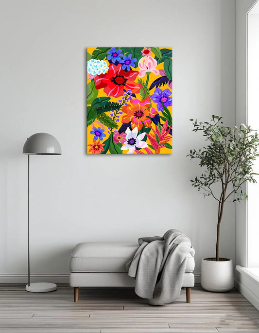 A vibrant floral pattern featuring various colors set against a bright yellow background.