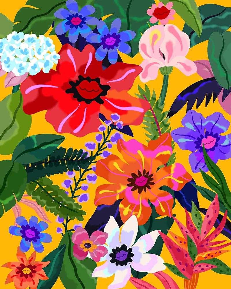 A vibrant floral pattern featuring various colors set against a bright yellow background.