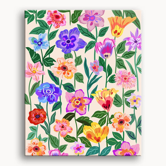 A pattern featuring vibrant flowers in various colors against a soft beige background.