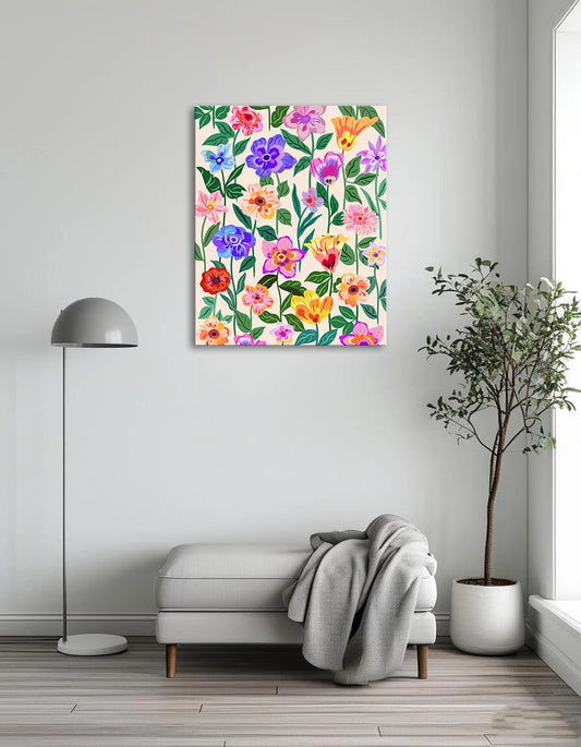 A pattern featuring vibrant flowers in various colors against a soft beige background.