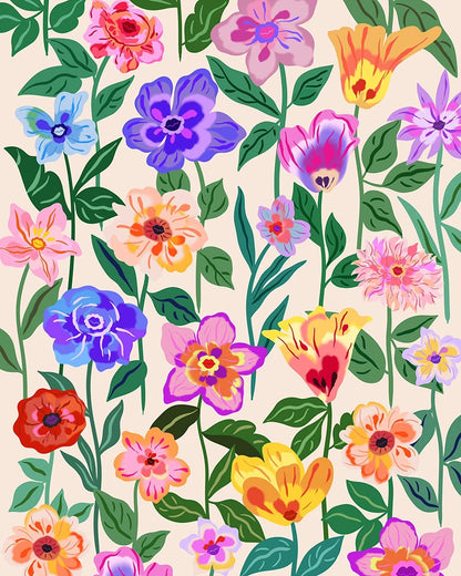 A pattern featuring vibrant flowers in various colors against a soft beige background.