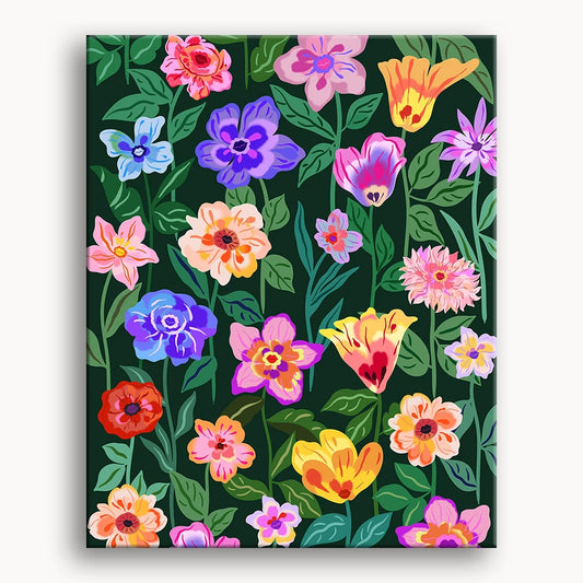 A seamless pattern featuring vibrant flowers in various colors against a dark background.