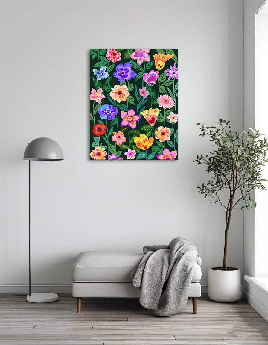 A seamless pattern featuring vibrant flowers in various colors against a dark background.