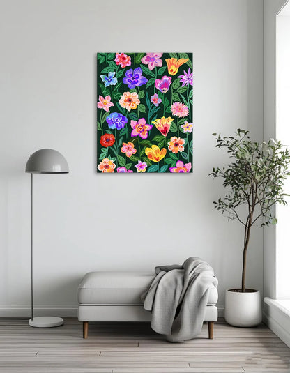 A seamless pattern featuring vibrant flowers in various colors against a dark background.