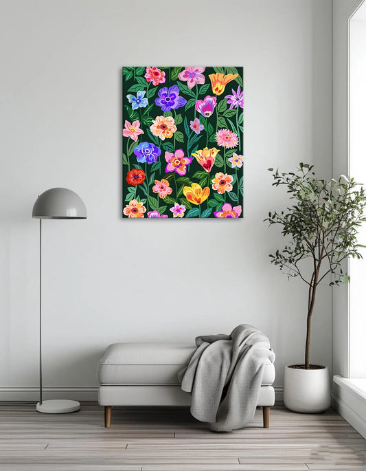A seamless pattern featuring vibrant flowers in various colors against a dark background.