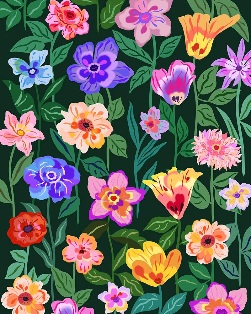A seamless pattern featuring vibrant flowers in various colors against a dark background.
