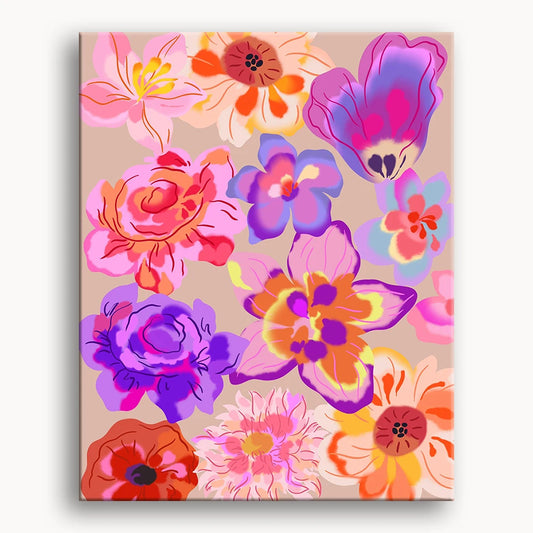 A collection of bright flowers set on a neutral beige backdrop.
