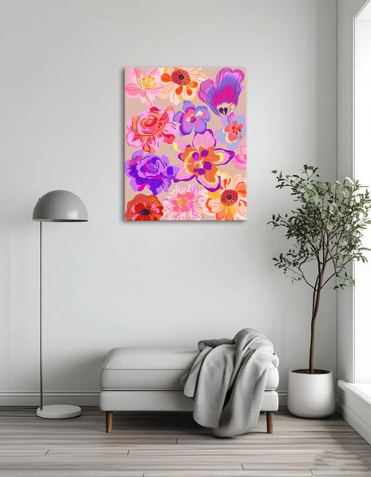 A collection of bright flowers set on a neutral beige backdrop.
