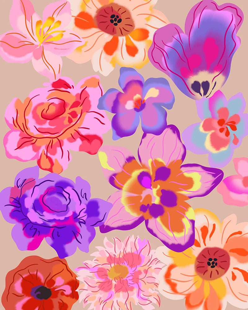 A collection of bright flowers set on a neutral beige backdrop.
