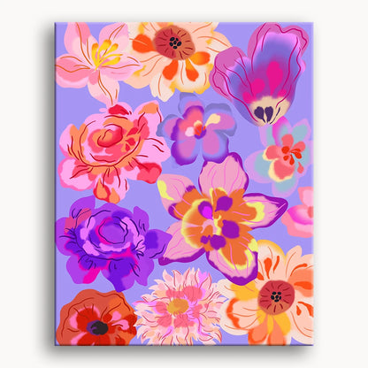 A vibrant floral pattern featuring various colors on a rich purple background.
