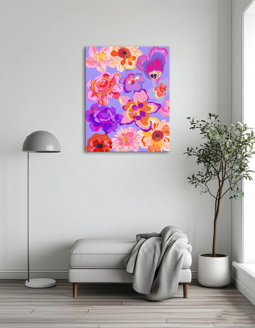 A vibrant floral pattern featuring various colors on a rich purple background.
