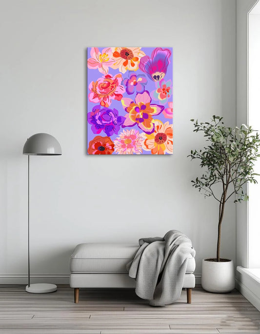 A vibrant floral pattern featuring various colors on a rich purple background.
