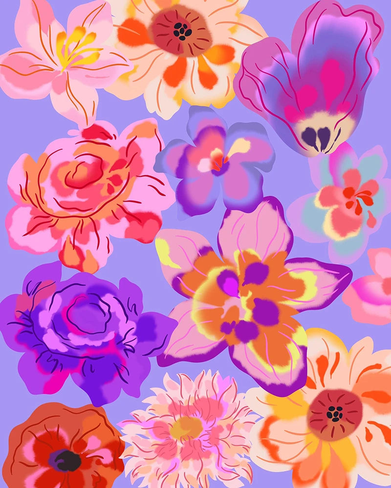 A vibrant floral pattern featuring various colors on a rich purple background.
