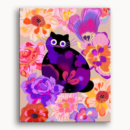 A black cat nestled among colorful flowers in a vibrant garden setting.