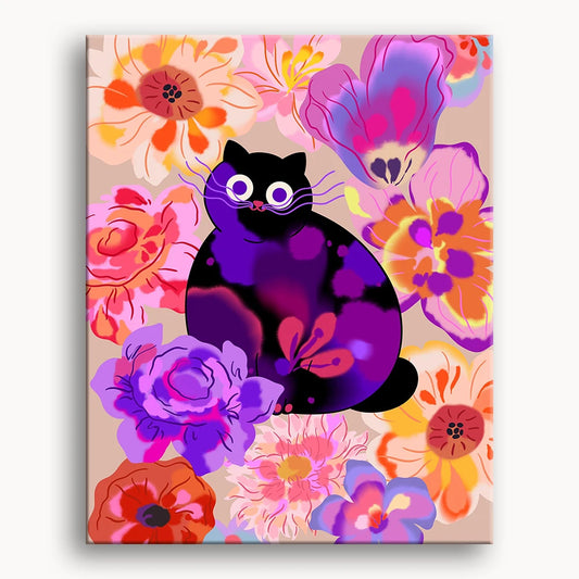 A black cat nestled among colorful flowers in a vibrant garden setting.