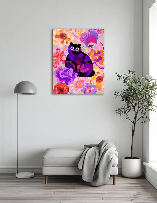 A black cat nestled among colorful flowers in a vibrant garden setting.