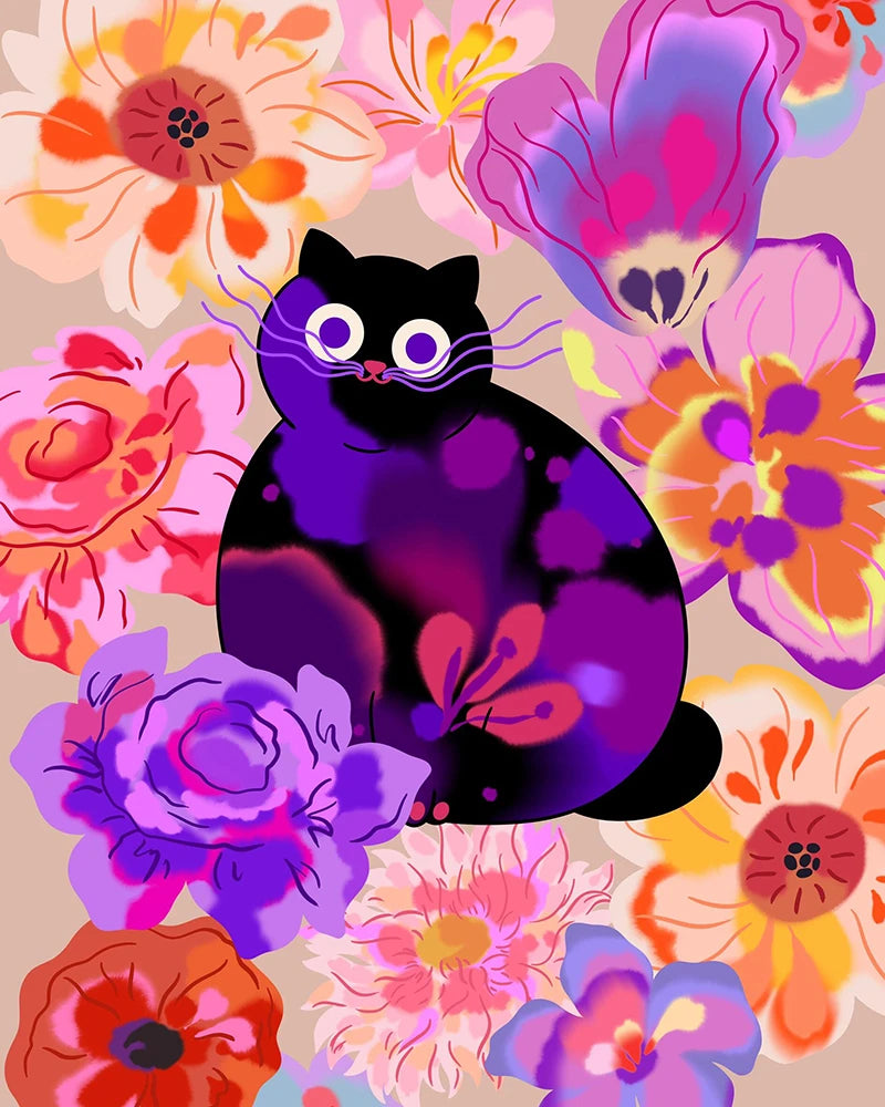 A black cat nestled among colorful flowers in a vibrant garden setting.