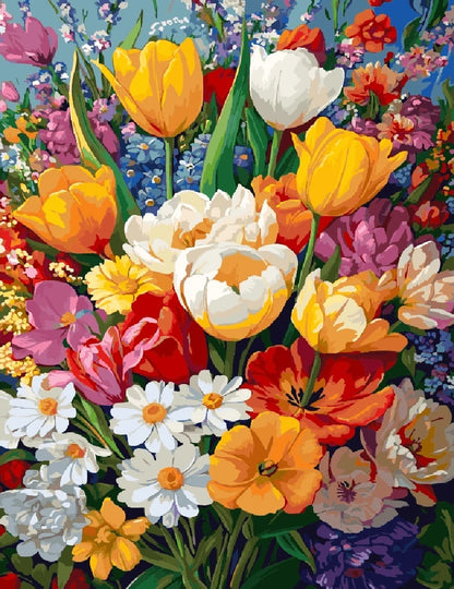 A vibrant painting of a colorful bouquet of flowers in a vase, showcasing various blooms and lush greenery.