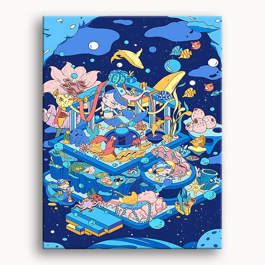 A blue and white poster featuring various fish and animals in a vibrant aquatic scene.