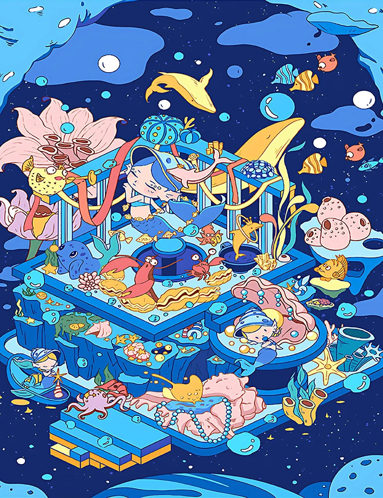 A blue and white poster featuring various fish and animals in a vibrant aquatic scene.